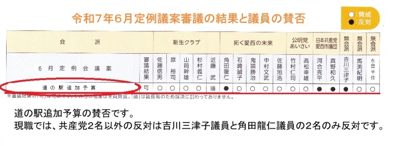 25年6月議会の道の駅追加予算の賛否_現職