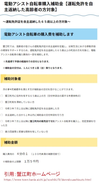電動アシスト自転車補助金　他町の事例（蟹江町）