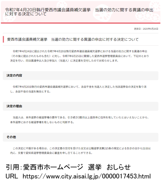 愛西市選挙管理委員会は永田候補の当選無効を決定しました。